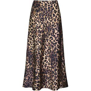 Women's A Leopard Satin Waisted Hidden Elasticized Waistband A Line Maxi Skirt